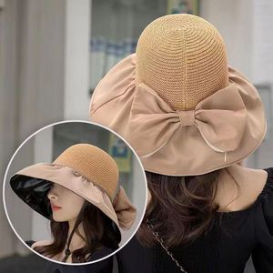 Sombrero de protección solar de verano para mujer, diseño de lazo de ala ancha, protección UV, sombrero plegable, tela de poliéster de color sólido - Product Image 1