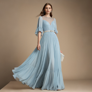 sachin and babi light blue dress Muslim Dresses for Girls Elegant Long Sleeve A-Line Size 4-8 Toddlers Kids Trendy Embroidered V Neck Wedding Guest Prom Dress main image 1