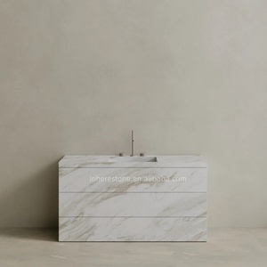 Tiroirs <span class=keywords><strong>de</strong></span> rangement compacts à un évier en marbre blanc Calacatta autoportants minimalistes pour salles <span class=keywords><strong>de</strong></span> bains d'appartements scandinaves - Product Image 4