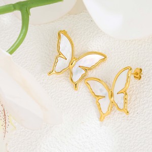 1 Paire de Boucles d'Oreilles Créoles Papillon en Acier Inoxydable Doré avec Incrustation Naturelle de Nacre, Tendance, Élégantes et Polyvalentes pour Soirées - Product Image 3