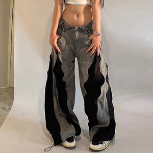 Heavy Patchwork Zip Up <b>Baggy</b> <b>Jeans</b> <b>Women</b> Hip Hop Color Block Loose Wide Leg Denim Pants Vintage Streetwear - Product Image 5