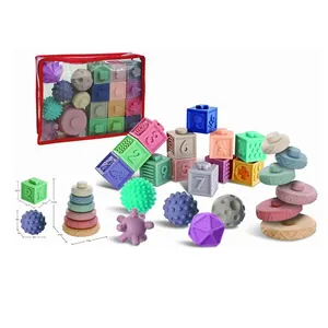 Montessori Toy Baby Soft Silicone Ball Stacking Rings 3D Cubes Building Blocks Stacking Toy Set