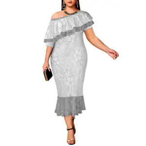 波利尼西亚萨摩亚部落设计定制白色周日鱼尾连衣裙太平洋岛艺术低价双褶边美人鱼连衣裙