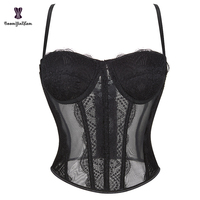 Sangle Ajustable Noir Translucide Lingerie Mesh Crop Top Corsets et Bustiers Sexy Soutien-Gorge Sans Couture et Push Avec T String