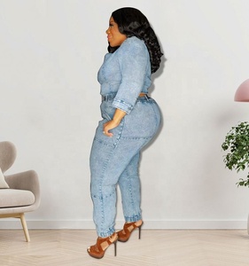 Conjunto de Jeans de Talla Grande para Mujer, Sexy, Hombro Inclinado, Manga Única, Lavado, Azul Claro, Conjuntos de Mezclilla para Mujer - Product Image 4