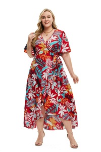 Abito a maniche corte con scollo a V di <span class=keywords><strong>moda</strong></span> di nuova stampa da donna taglie forti 2025 con vita legata e gonna irregolare abito Casual - Product Image 6