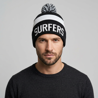 Bonnet unisexe en acrylique noir jacquard tricoté, avec revers rayé et pompon contrastant, pour ski et activités hivernales en extérieur, taille 58-60 cm