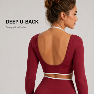 Camiseta de Yoga sin Costuras para Mujer, Manga Larga, Efecto Dos Piezas, Espalda en U Profunda, Camiseta Deportiva Moldeadora para Pilates, Gimnasio y Entrenamiento - Product Image 5