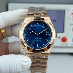 Montre de tous les jours haut de gamme, bracelet intégré tout or rose avec cadran bleu et phase de lune - Product Image 1