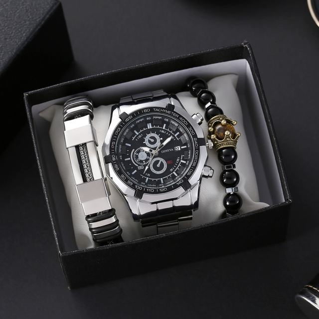 LP56 Men New Combination Set Sports Trendy Calendar Date Steel Strip Quartz Watches with Bracelet Gift Set 3-pieces with Box