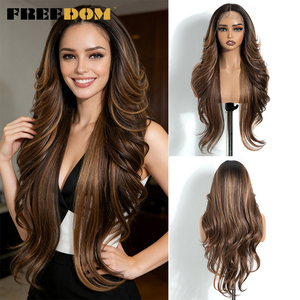 FREEDOM Perruques Lace Front Longues Ondulées en Fibre Haute Température pour Femmes, 28 Pouces, <span class=keywords><strong>avec</strong></span> <span class=keywords><strong>Frange</strong></span> et Raie au Milieu, pour Cosplay, Couleurs Brun et Blond - Product Image 3