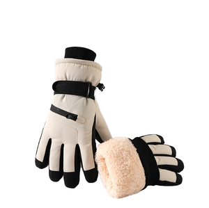 Men Women Plush Lining Leather <b>Full</b> Finger Anti <b>Slip</b> Touchscreen Winter Warm Thermal Waterproof Windproof Adjustable Gloves - Product Image 1