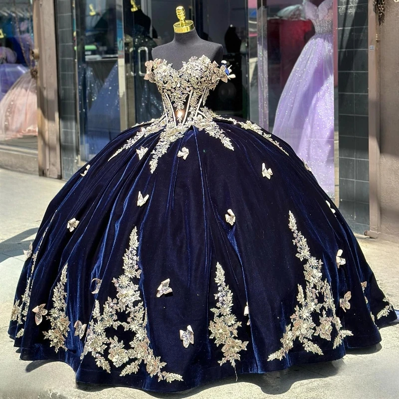 Mumuleo Velvet Quinceanera Dresses with Gold Embroidery