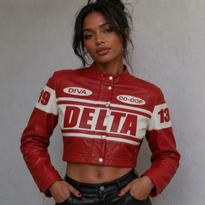 Blouson moto court en peau de mouton véritable rouge, coupe ajustée, avec broderie Delta Zeta DST pour Sigma Chi Eta Alpha Epsilon Pi - Product Image 1