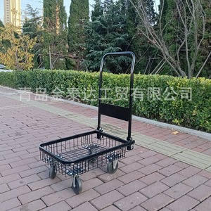 Flatbed Handcart Steel Mesh <b>Four</b>-<b>Wheel</b> Single Layer Shopping <b>Trolley</b> Black Portable Folding Logistics Cart - Product Image 2