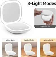 Miroir de maquillage de voyage à LED double face, 3 couleurs, grossissement 1x/10x, miroir cosmétique de poche rechargeable avec lumière