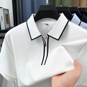 Polo de manga corta para hombre, de algodón de color liso, con media cremallera, informal, fresco para verano, de alta calidad, con cuello tipo solapa - Product Image 5