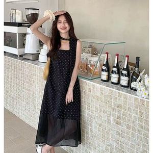 Elegant French Style Polka Dot Patchwork Asymmetric Sleeveless Long Dress For Women Daily City Commuting Natural Waistline - Product Image 4