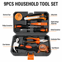Ensemble d'outils ménagers de 9 pièces avec marteau à griffes, pinces combinées, couteau utilitaire, tournevis, ruban à mesurer, boîte à outils