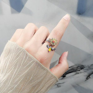 Geometric Colorful Cubic Zirconia Rotating Sunflower Open <b>Adjustable</b> <b>Rings</b> Copper Gold Plated Women Stress Relief Daisy Jewelry - Product Image 2
