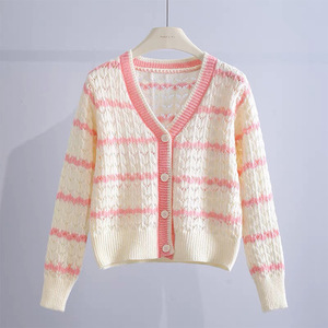 Zhan Ya Women's V-Neck Hollow Knit <b>Cardigan</b> Loose Striped Full Sleeve <b>Spring</b> Korean Style Breathable Sweater - Product Image 1
