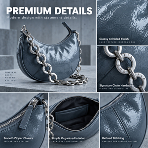 Women Crescent Crossbody <b>Bag</b> Glossy Crinkle PU Leather Zipper Purse <b>Silver</b> Chain Strap <b>Small</b> Fashion Shoulder <b>Bag</b> OEM ODM - Product Image 3