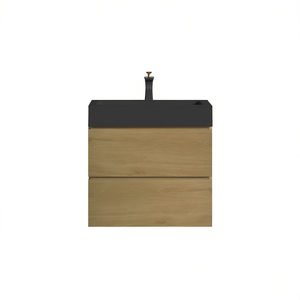 Meuble-lavabo mural en chêne naturel de 24 pouces, design moderne, vasque noire, grand rangement, forme rectangulaire - Product Image 1