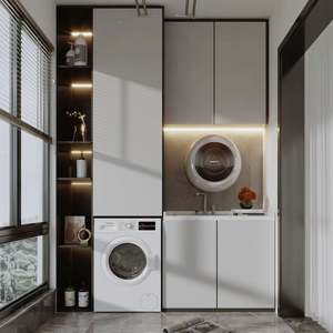 Modern Style Custom Furniture Manufacturer's Wood Laundry Cabinet for Washing <b>Machine</b> Floor-Mounted Timber Locker - Product Image 1