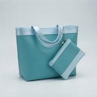 Ensemble sac fourre-tout et pochette zippée 2-en-1 pour femme, en cuir PU bleu clair, imperméable, décontracté, pour voyage et shopping, sac à bandoulière