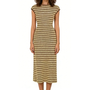 Women's <b>Cap</b> Sleeve Striped Knit Midi Dress Bodycon Textured Dress With Retro Geometric Pattern Dresses Fashion - Product Image 3