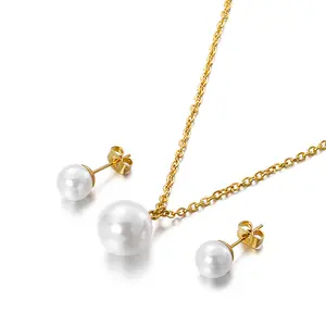 Kalen定制白色珍珠吊坠18k镀金不锈钢项链耳环饰品套装