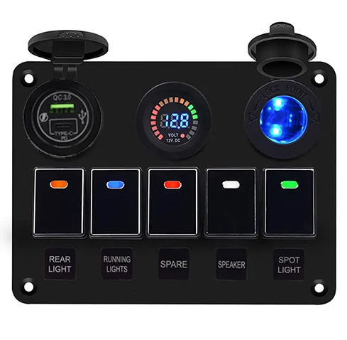 12V 24V Voltmeter QC3.0 Type C PD Dual USB Charger on off 5 Gang Rocker Switch Panel for Car Boat RV UTV
