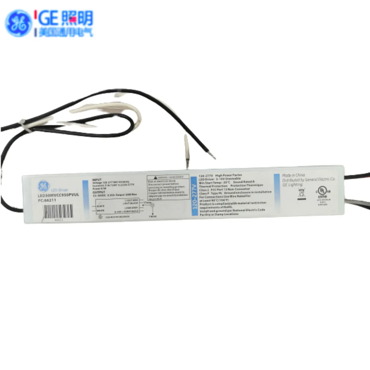 GE-UL 120-277V 50W 950mA 0-10V Dimmable LED Driver, LED50MVCC950PVUL 33-54VDC Output PF Tinggi LED Driver dengan Standar Amerika Serikat