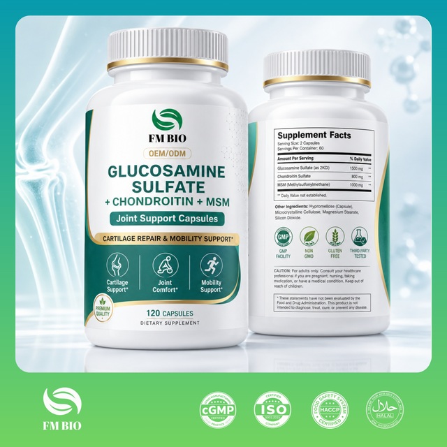 120 Capsules Glucosamine Chondroitin MSM Supplement Joint Mobility & Cartilage Support OEM Private Label Available