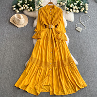 Robe décontractée élégante pour femme, col montant ajouré, manches longues, coupe trapèze, 100 % coton, avec ceinture, pour le quotidien
