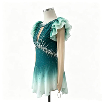 Robe de patinage artistique à manches longues vert foncé dégradé, dos ouvert ajouré, ornée de strass, pour concours de danse sur glace