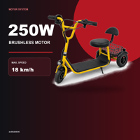 Scooter électrique à trois roues 250W avec siège, batterie 36V 3.6Ah, panier arrière, éclairage LED, pliable, autonomie 8km, vitesse 18km/h, pour enfant