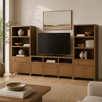 Meuble TV mural modulaire Japandi 141,7 pouces, console multimédia en bois avec étagères latérales, boutons dorés, luxe