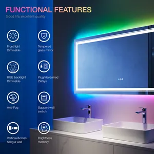 Gương Trang Trí Treo Tường Gương Trang Điểm Phòng Tắm Đèn Nền LED Đổi Màu RGB Thông Minh Có Đèn Chiếu Sáng Và Đèn Chiếu Sáng