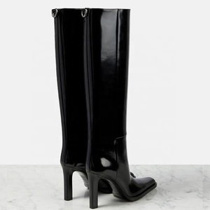 Mirror Patent Long Booties Women on Knee High <b>Boots</b> Black Shiny Shoes Pointed Toe Small Chunky Heels Unique Design - Product Image 2