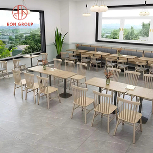 Juego de Muebles Modernos para Restaurante, Mesas Cuadradas de Madera con Sillas de Madera con Respaldo de Listones Verticales y Sofá de Cuero Azul para Cafetería - Product Image 4