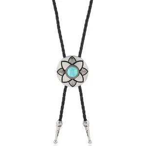 Fashionable Alloy Bolo Tie Petal Feather Turquoise Rope Chain West Cowboy Accessories Bolo Tie Pendant Necklace For Men Women