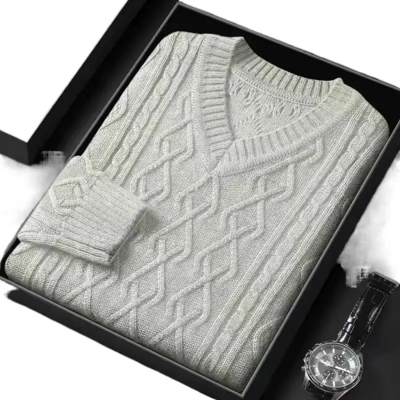 Men's Long-Sleeved V-Neck Sweater Breathable Knitted Anti-Shrink Anti-Wrinkle Solid Pattern Autumn Season OEM Service Available