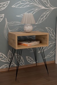 Wood Nightstand With Open Storage <b>Shelf</b> Metal Legs Midcentury Design Bedroom Furniture Chipboard Metal Bedroom Furniture - Product Image 3