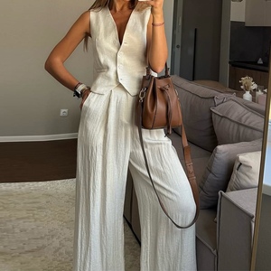 เสื้อกล้ามกางเกงเอวสูงขากว้างแฟชั่นชุด2ชิ้นลำลองของผู้หญิงเรียบง่าย - Product Image 4