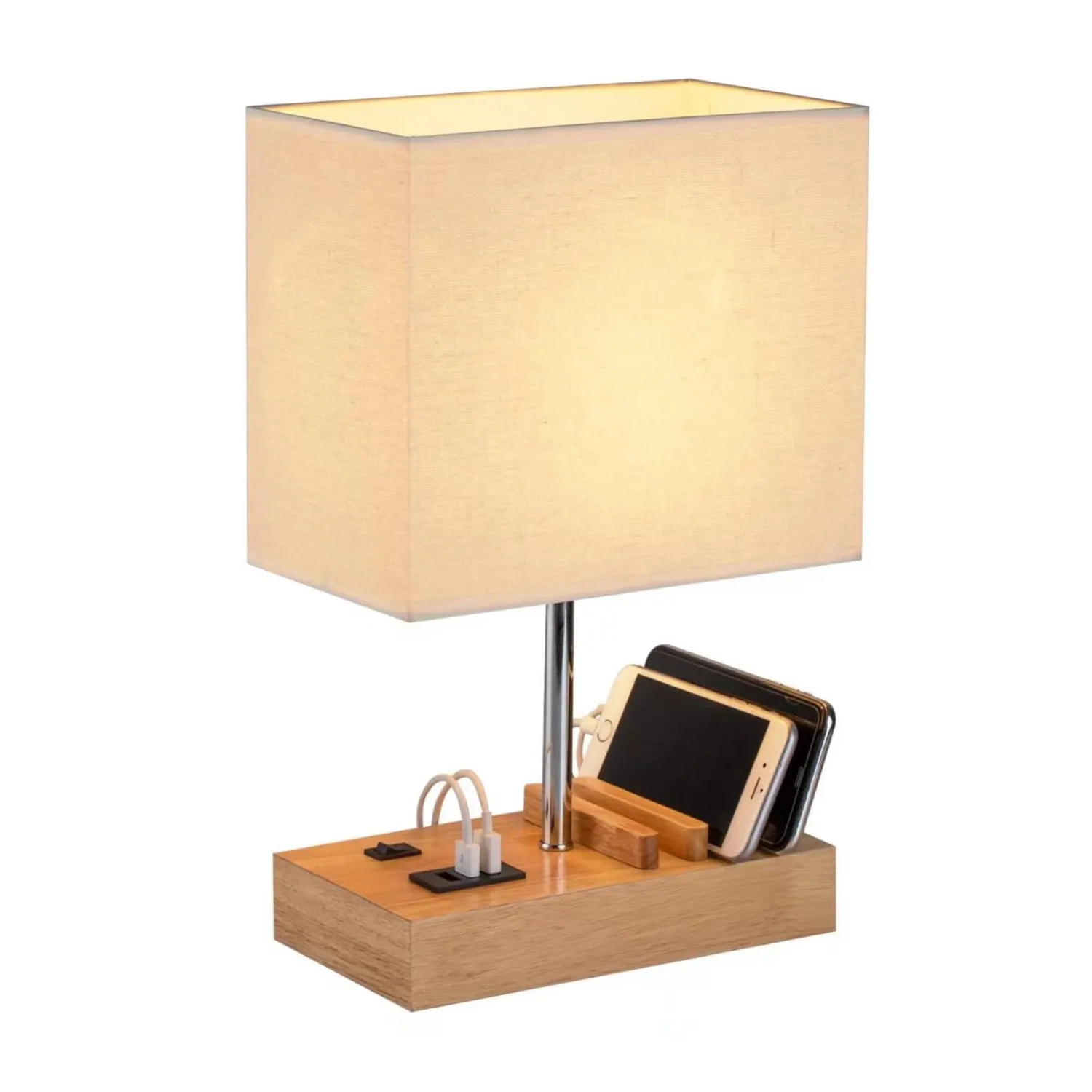 Cheap Hotel or Bedroom Desk Light Modern Lampe De Chevet Avec Port USB Wooden Bedside Table Lamp with USB Charging Port Base