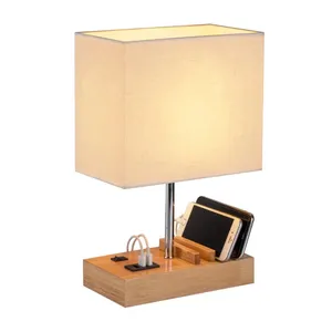 Lámpara de escritorio barata para hotel o dormitorio, lámpara de noche moderna con puerto USB, lámpara de mesita de noche de madera con base de puerto de carga USB