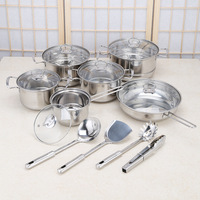 2023 Populer Stainless Steel Set Peralatan Masak Dapur 18 Buah Panci Masak & Wajan dengan Tutup Kaca untuk Memasak Dapur