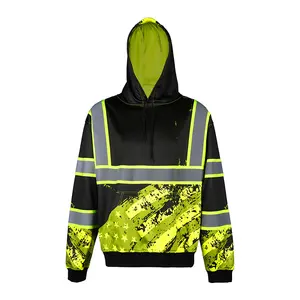 Full All Over Printed Custom Logo 3M Safety Clothing Hi Vis Hoodie EN20471 Fluorescent Sweatshirt Reflective Hoodie