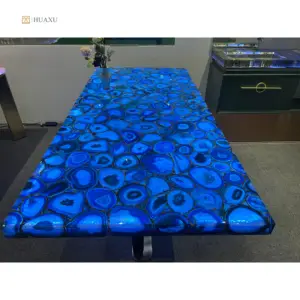 Huaxu Luxury Rectangle Blue Artificial Onyx Agate Translucent Marble Stone Dining Table